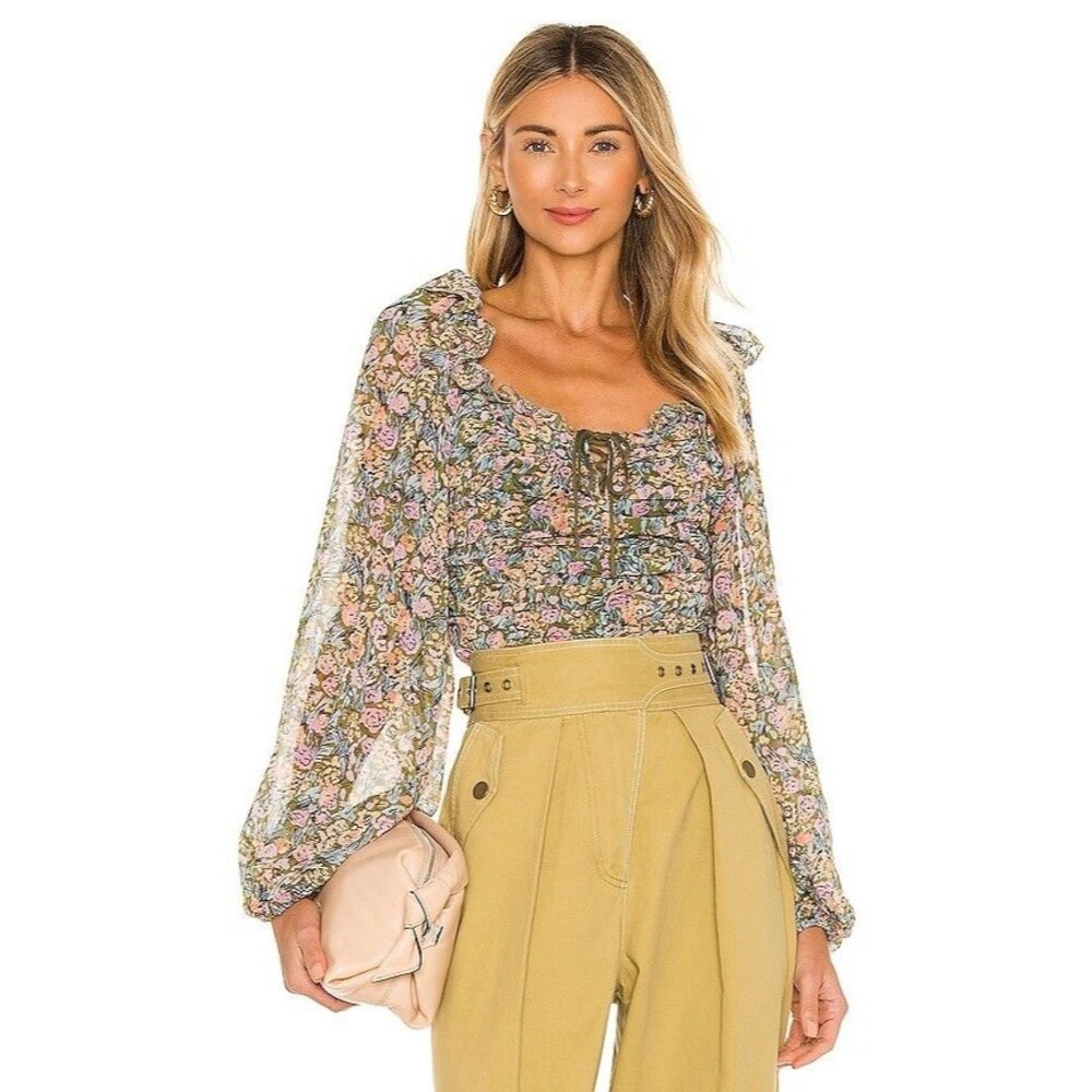 Free People Mabel Smocked Volume Sleeve Printed Blouse Garden Combo Small